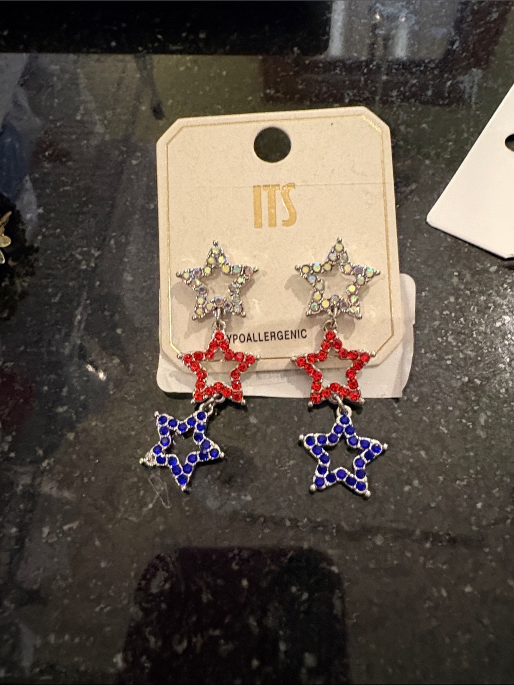 NWT Never Been Worn Multicolor Star Dangle Earrings - Red Blue Silver